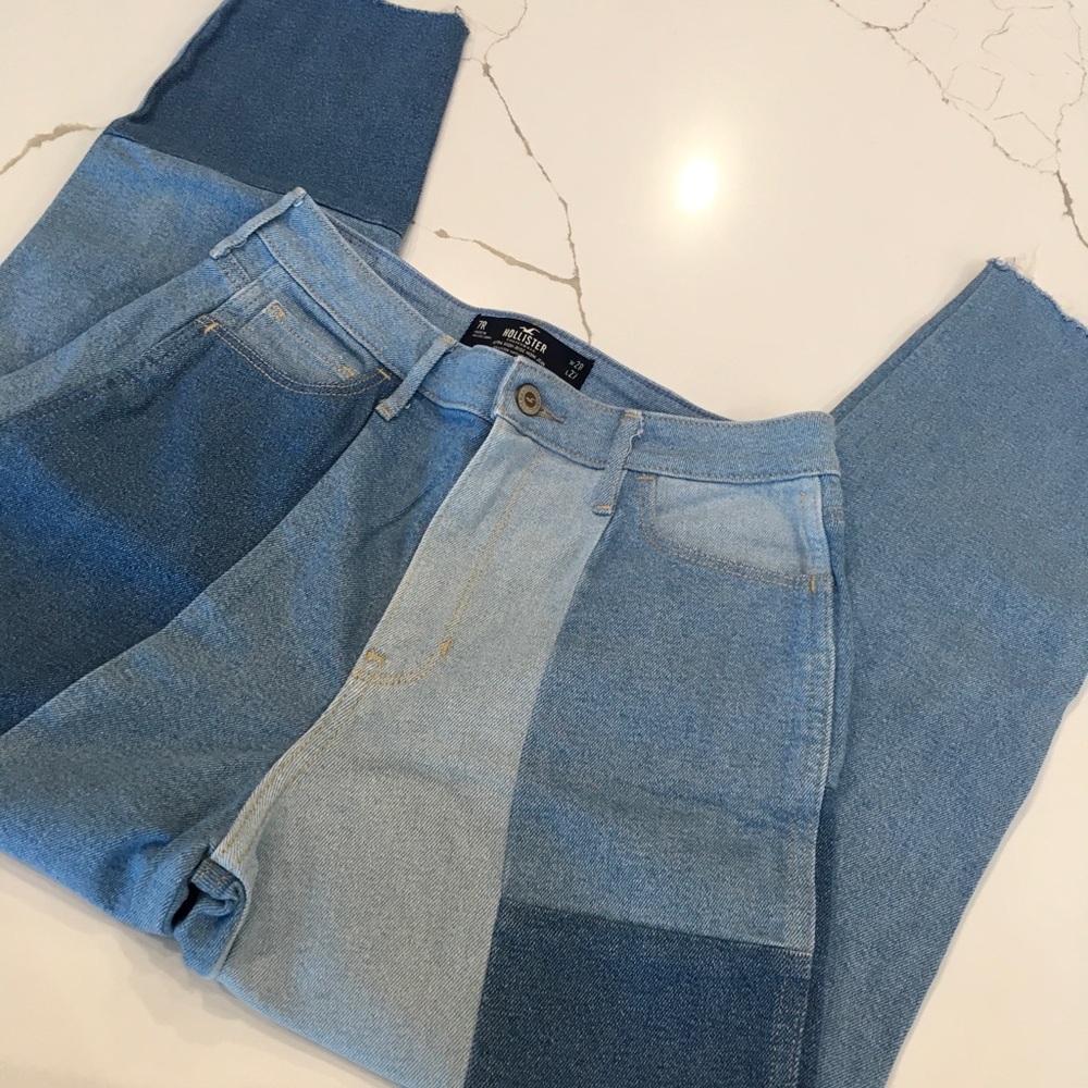 Hollister Sky Blue High-Rise Mom Jeans W28 L27 Patch Work Ankle Vintage 90s Y2K